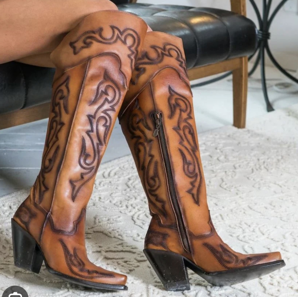 Dan Post "Seductress" Tall Top Tooled Chestnut Leather Cowgirl Boots Snip Toe
